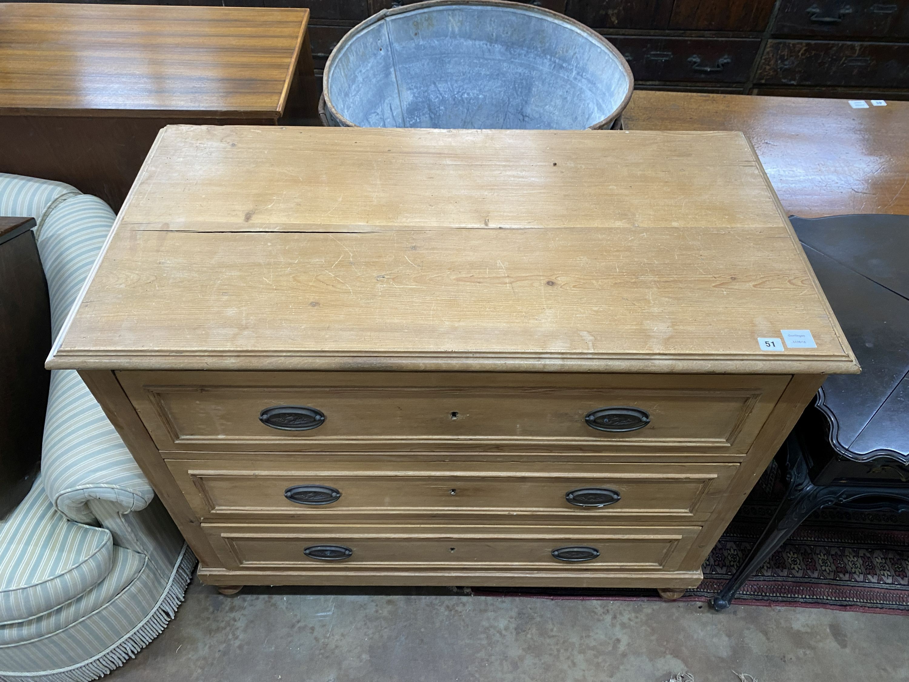 A 19th century east European pine three drawer chest, width 110cm, depth 56cm, height 93cm